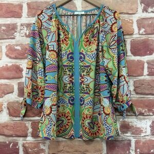 Jade Melody Tam Top Women's Medium Blue Multicolor Boho Floral Casual Shirt